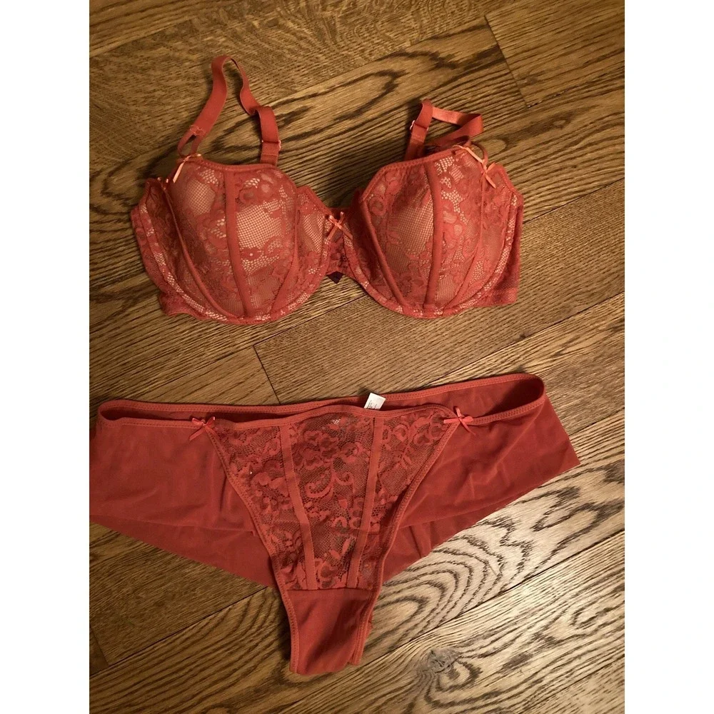 New Adore Me Dusana Push Up Sexy‎ Lace Underwire Bra 36DD Panty XL Set RedOrange